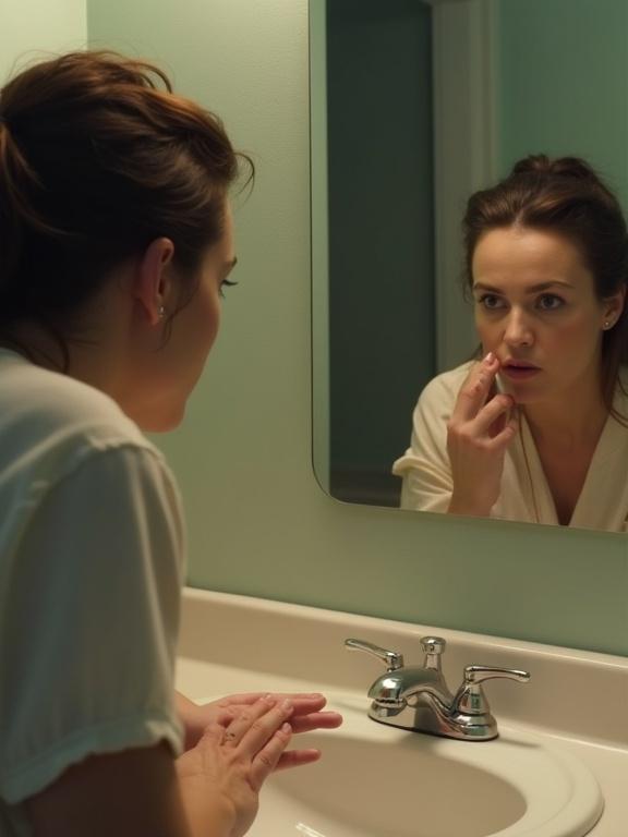 Woman looks at herself in the bathroom mirror. She applies something to her face with a focused expression. Sink is visible in the foreground. Soft lighting illuminates the scene.