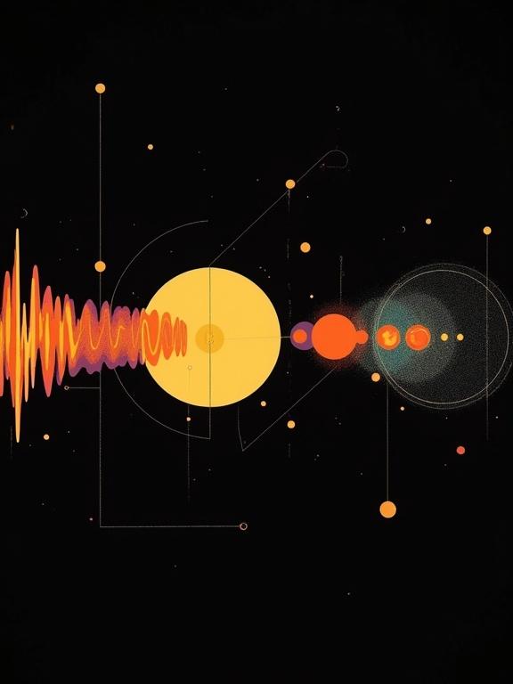 Futuristic glowing shapes arranged in a line inspired by 1940s isotype infographics. Includes a sound wave and planets.