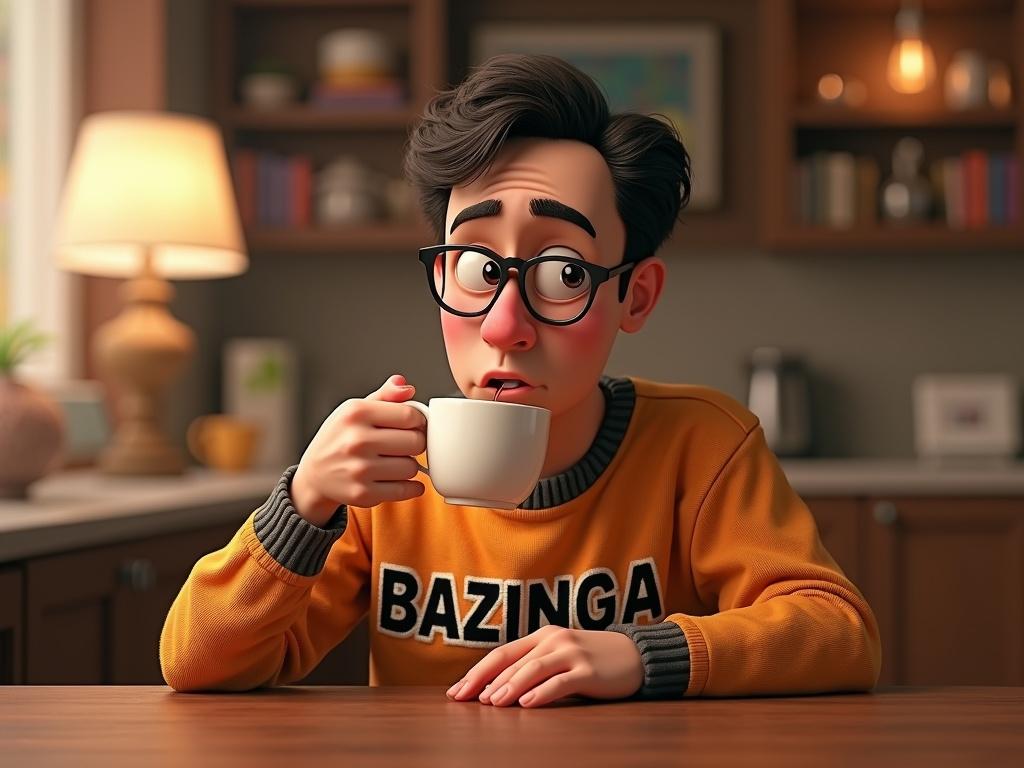 Animation of a character resembling a young adult in a t-shirt with the text 'Bazinga'. The character is drinking from a cup of hot tea. The scene has a cozy, inviting kitchen setting with bokeh and film grain effects.