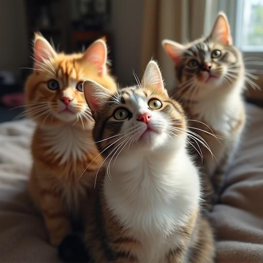 A selfie featuring three cats looking up with curiosity in a cozy indoor setting. One cat is orange with long fur. Another cat is grey with striped patterns. The third cat is a mix with distinct facial markings. They display various expressions of interest. Soft sunlight fills the room.