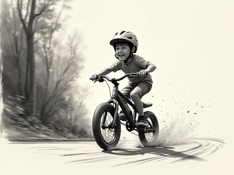 Young rider wearing a helmet rides quickly along a path. The image displays trees in the background showing a dynamic and energetic scene. The lines are drawn in charcoal, focusing on movement and joy. Speed effects are present in the illustration. Minimal color highlights are used on the child’s shirt and bicycle wheels.
