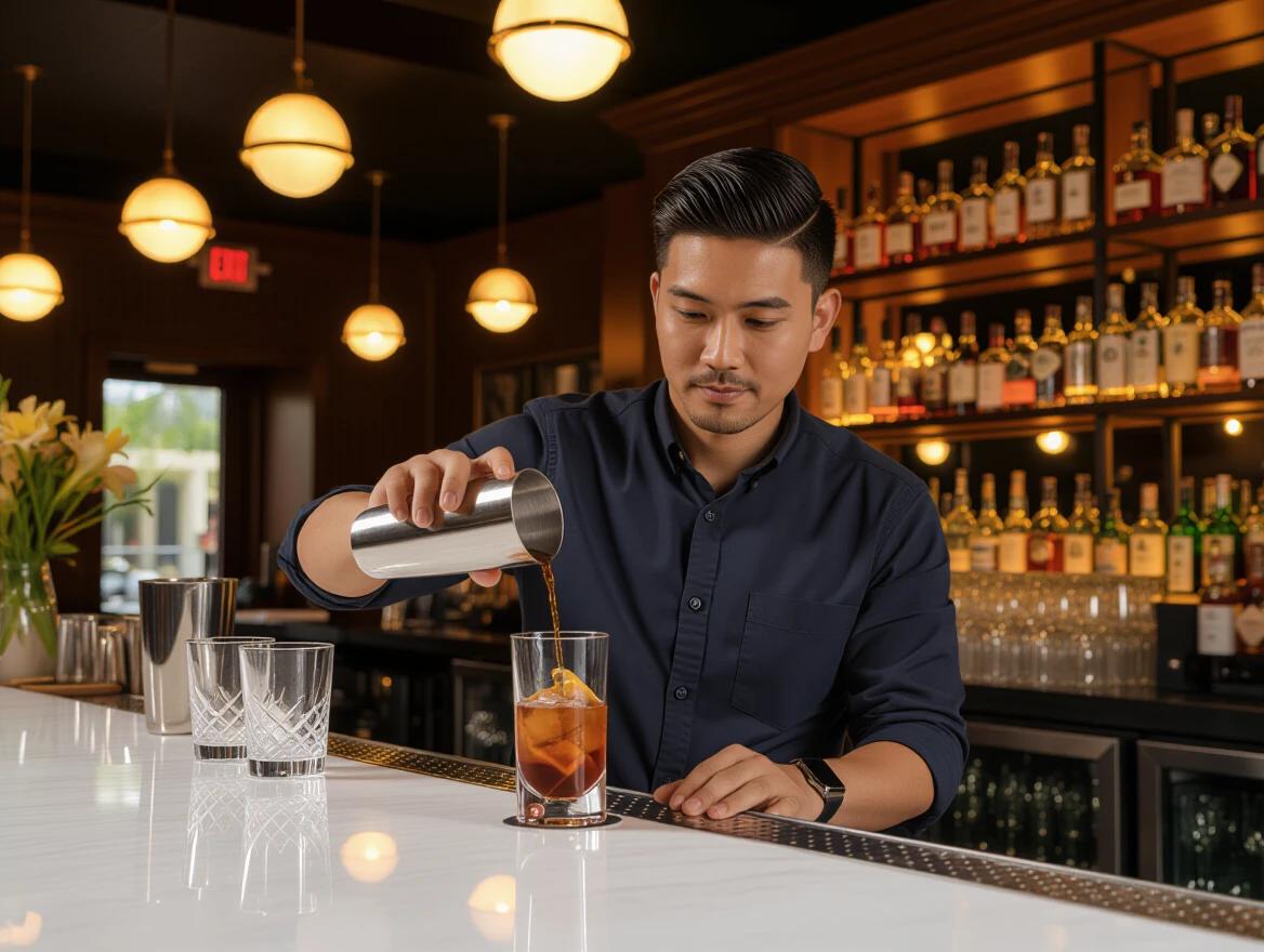 Professional photograph of male bartender wearing navy button-up shirt. Bartender pours cocktail from silver shaker into coupe glass. Polished bar counter features empty cocktail glasses in front. Background showcases warm lighting with globe pendant lights. Bar shelves lined with various liquor bottles. Small potted plant on left side. Warm golden ambiance with soft shadows. Rich colors and cinematic quality.