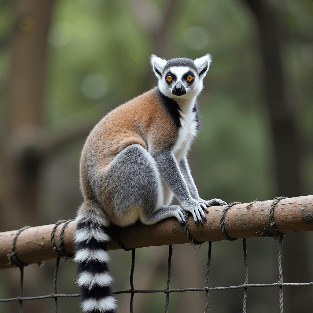 A ring-tailed lemur perches on a fence, gazing thoughtfully into the distance.