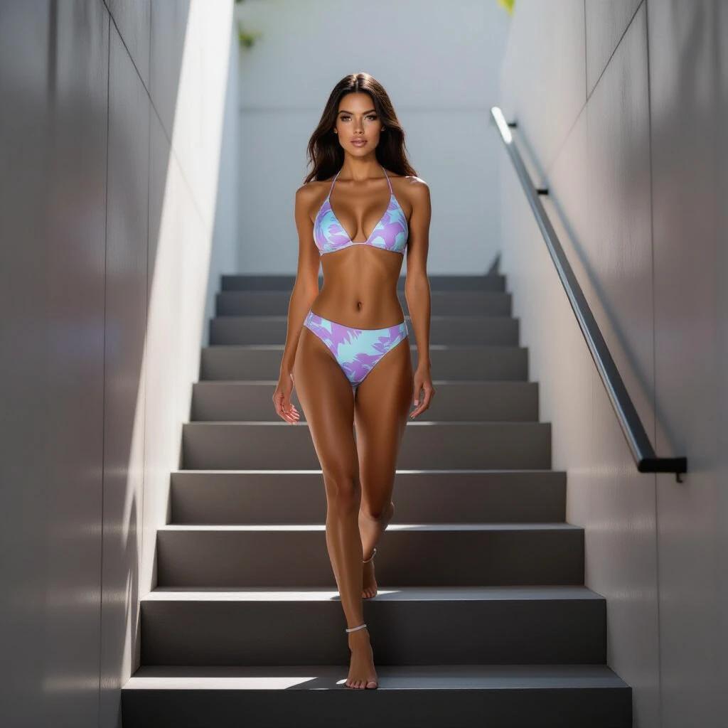 Elegant fashion model in pastel bikini. Modern staircase with charcoal color. Natural light highlights skin. Model exudes confidence and poise. Suitable for high fashion magazines.
