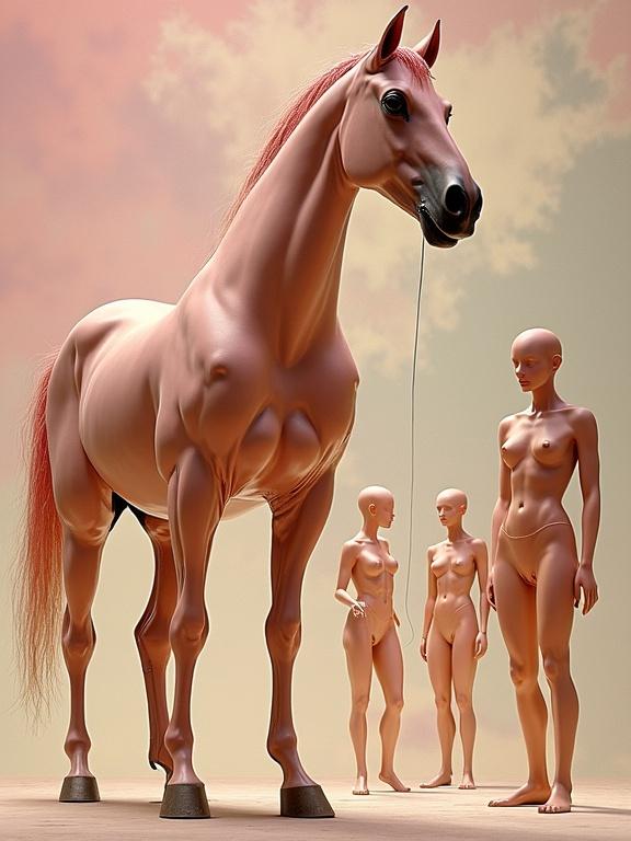 An anthropomorphic horse stands tall next to smaller humanoid figures. The horse is in beige and pink tones. The figures are designed in a similar color palette. The background features soft clouds.