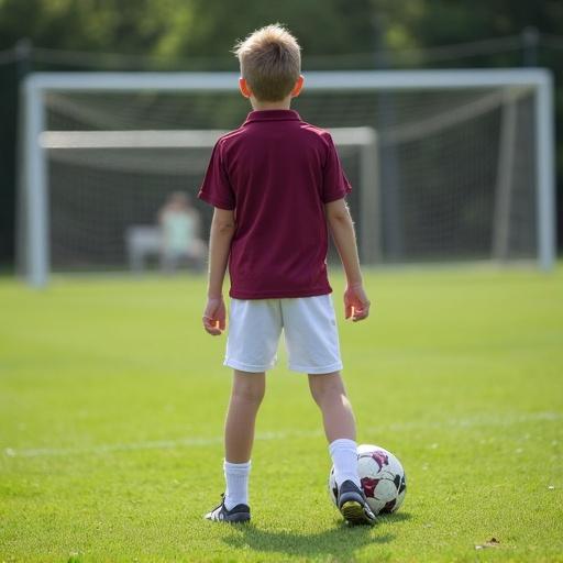 10 year old boy on soccer field standing next to soccer ball. He wears white shorts and maroon polo shirt. Camera captures him from behind while facing goalpost. Grass is lush and well-maintained.