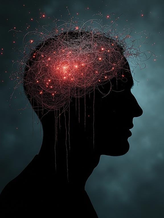 A cinematic art piece features a human silhouette filled with chaotic threads of light. Threads are bright red and grey, representing mental noise. The atmosphere evokes agitation and anxiety. Highly detailed and realistic.