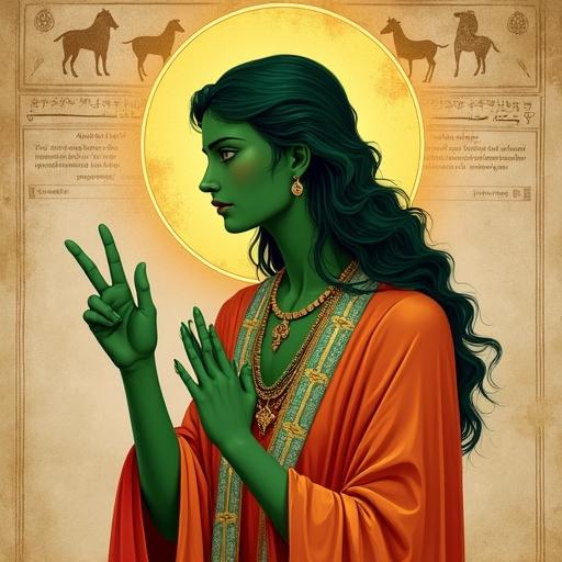 Sacred icon-style portrait depicting androgynous figure in profile with green skin. Long, wavy dark green hair. Wears flowing red-orange robe with gold and teal details. Figure holding two-finger blessing gesture. Large golden halo radiates behind the head. Background textured like ancient parchment with faint engravings. Byzantine and Middle Eastern artistic fusion. Flat painterly style, soft sacred lighting, symmetrical composition, spiritual and ancient tone.