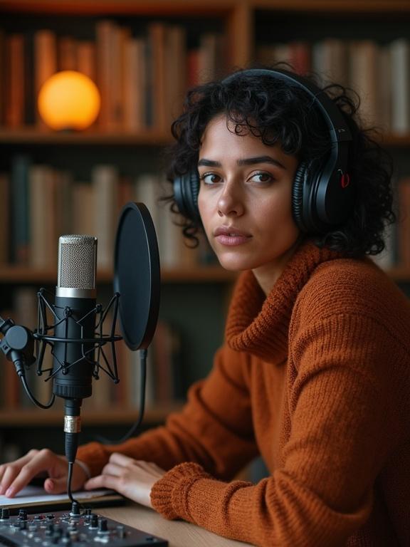 A woman in her 30s with olive skin short dark curly hair wearing large over-ear headphones seated in front of a vintage microphone. Surrounded by softly blurred bookshelves sound panels and notebooks. One hand adjusts the gain knob of a mixer beside her. Warm ambient lighting. Vibe calm perceptive and deeply in tune with sound.