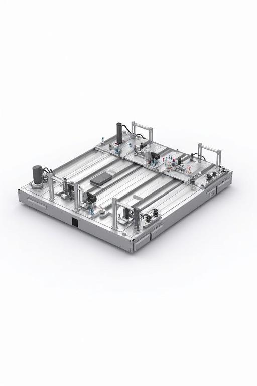 Technical isometric 3D sketch depicting an automated testing platform. Dimensions are 1.5m by 0.8m by 0.5m. Built with industrial aluminum frame and linear guide rails. Includes dual-carriage system with independent movement. Shows device and tool slots in a grid pattern. Clean lines, neutral colors. Indicate axes and show components in detail.