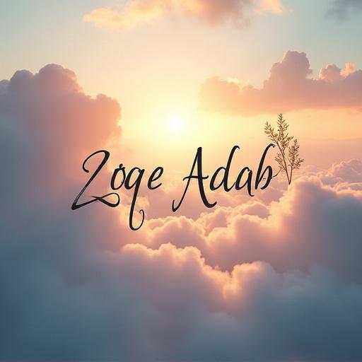 This image showcases a breathtaking background with soft fluffy clouds illuminated by warm sunlight. In the center, the words 'ZOQE ADAB' are displayed in an elegant script. A gentle glow enhances the mood of tranquility and inspiration. Delicate flowers are in one corner, adding a touch of nature. The overall feel of the image is peaceful, encouraging reflection and spirituality.