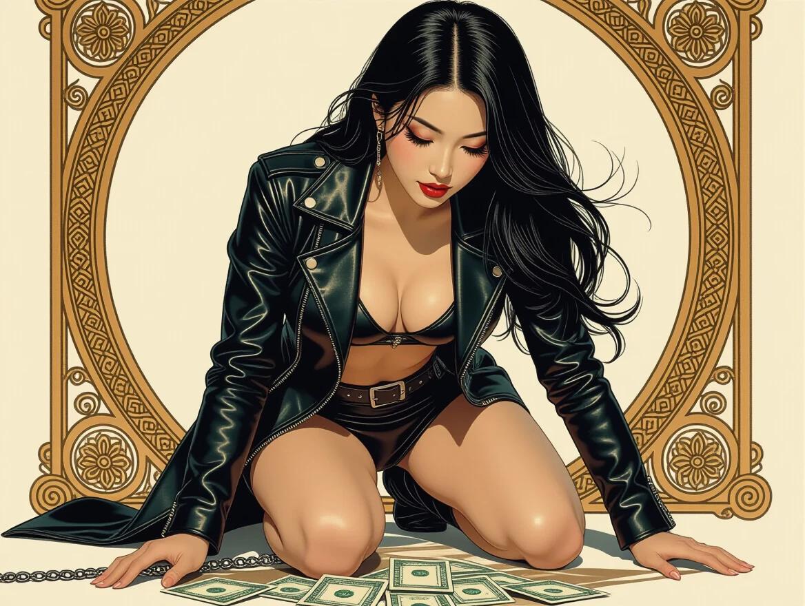 Asian woman wears fitted leather jacket and short leather skirt. She holds money and a metal whip. Hair flows down long. Realistic skin and intricate details. Artistic style resembles Alphonse Mucha and Frank Frazetta.