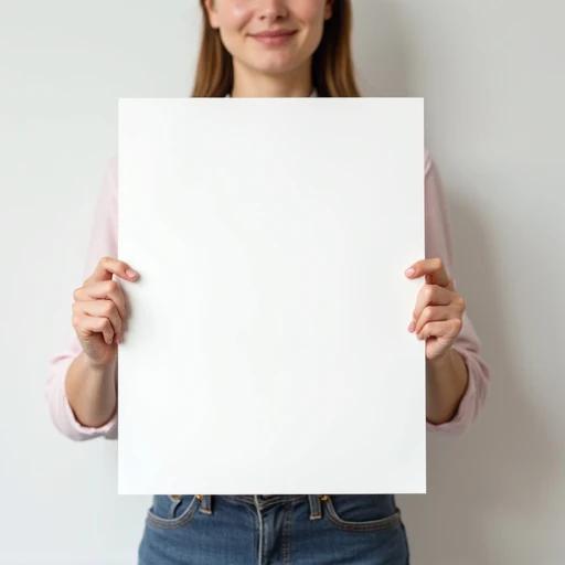 A woman holding a square white poster with a smile. The background is neutral and minimalistic. The poster is blank for product mockup use. The woman has long brown hair and wears casual clothing, creating an approachable appearance.