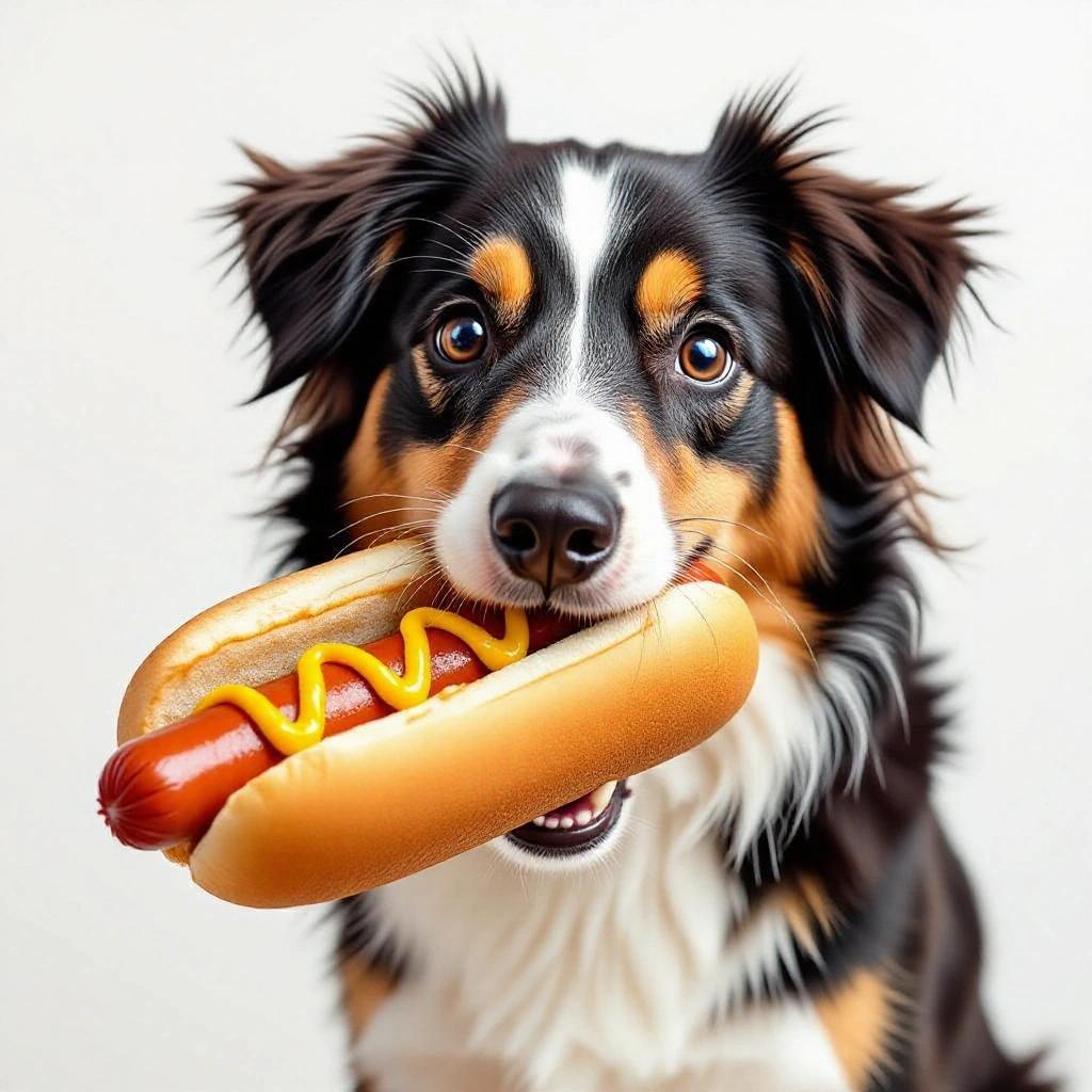 A dog holds a hotdog toy in its mouth. The dog is cute and playful. The setting is simple and bright.