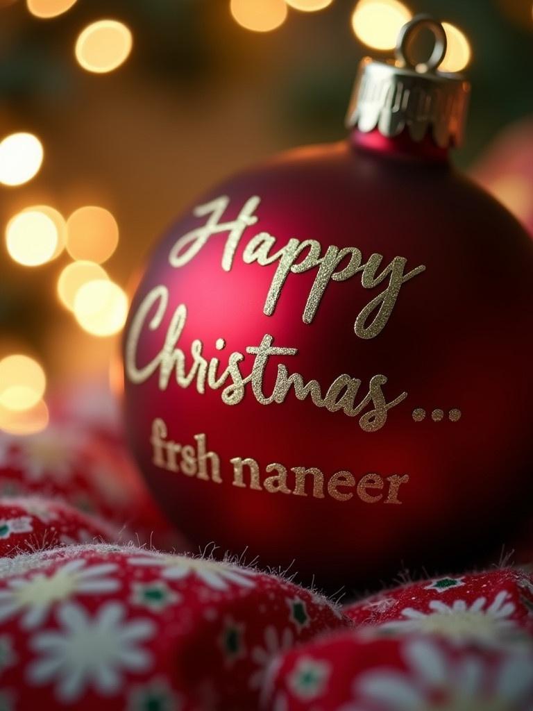 Close-up view of a red Christmas bauble with the text 'Happy Christmas...' The background features twinkling lights creating a festive atmosphere.