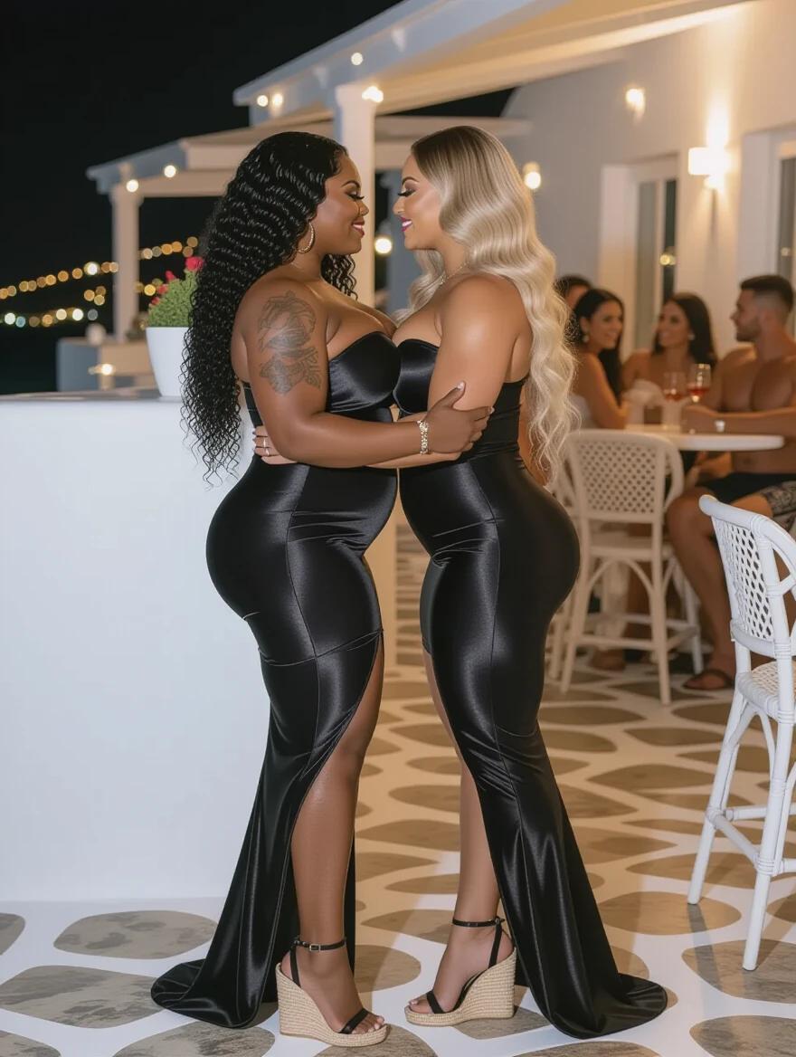 Two thick female bodybuilders with extreme proportions. Identical height different skin tones. One is a black African with long curly hair. Other is a white Scandinavian with long wavy hair. Both wearing tight satin black dresses and high espadrille heels. They embrace with both arms preparing for a kiss. Set in a Mykonos bar at night. Couples in the background.
