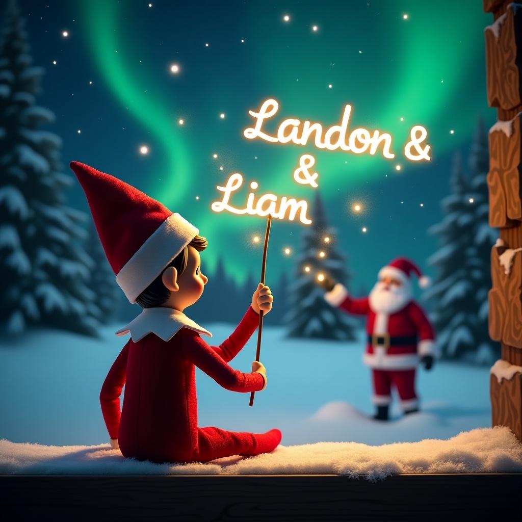 An enchanting winter scene featuring an elf on the shelf sitting with its back to the viewer. The elf wears a classic red outfit with a white collar and hat. It holds a magical wand that writes the name 'Landon & Liam' in shimmering lights against a dark, starry sky. Santa Claus is visible in the background, standing amidst a snowy landscape illuminated by the northern lights. The scene radiates a warm, festive spirit that embodies Christmas magic.