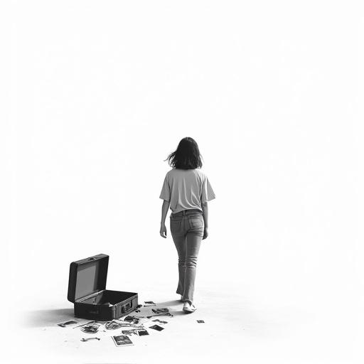 Black and white illustration shows a young woman walking away. She wears a loose oversized t-shirt and high-waisted mom jeans. An open suitcase sits on the ground, spilling out torn photographs. Image captures feelings of nostalgia and determination. The style is minimalist and modern with an introspective mood.