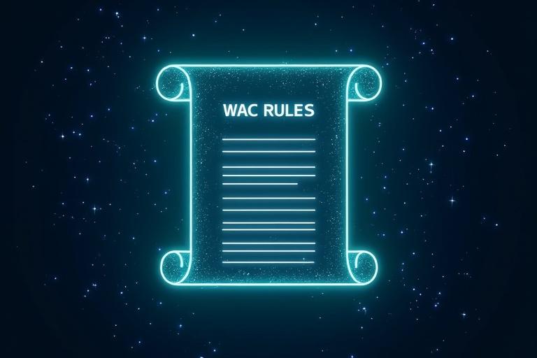 A space-themed image features a dark blue starry background. In the center is a semi-transparent digital scroll that appears to unroll. The scroll displays the title WAC Rules. It has twelve glowing white lines etched upon it. Surrounding the scroll are subtle green and blue light effects. The imagery symbolizes technology and innovation.