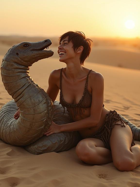 A young warrior woman lays on a monstrous worm-like beast. She has a short rebel haircut. Her skin appears shiny and tanned. She wears a tattered loincloth. The desert scenery features golden sand. Wind blows the sand. The sun is low on the horizon. A horned tendril gently brushes against her. A soft laughter expresses joy. Dry heat creates a shimmering effect around them.