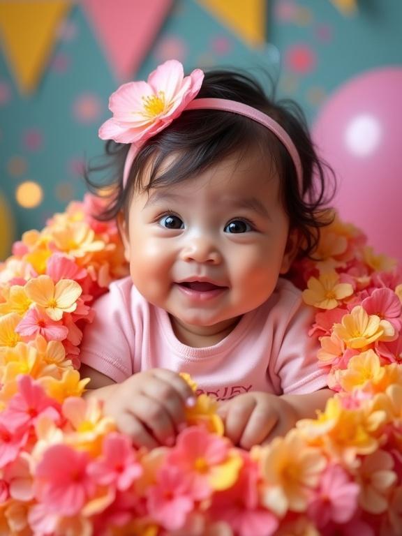 A close-up portrait of an adorable baby girl wrapped in colorful flower petals. Delicate hands and sparkling eyes show overflowing cuteness. The background features birthday elements like balloons and streamers in bright colors. A soft glow enhances the magical birthday atmosphere. Text overlay reads: 'Happy Birthday BAISAKHI'.