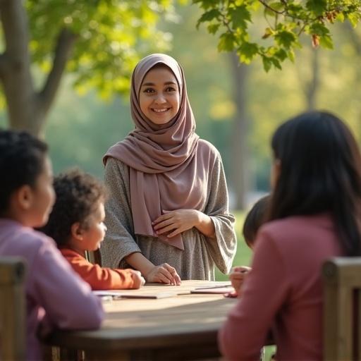 Mathematics teacher enjoys a picnic with students. Natural park setting with a large table. Teacher wears a hijab and smiles. Students engage in learning activities outdoors.