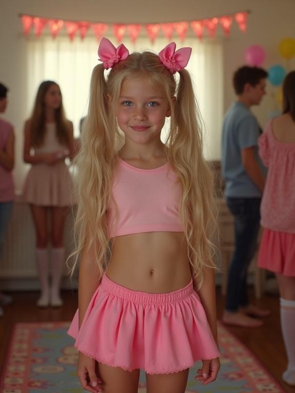 Girl with long blonde hair and twin tails. She wears pink bows. The setting is a crowded living room. She has a slim waist and smiles. Visible navel and thighs. The outfit has a crop top and micro skirt. Thigh-high socks are with lace. The atmosphere is a birthday party.