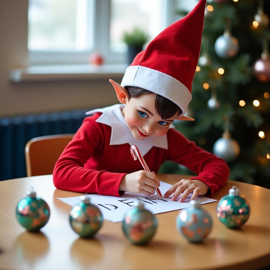 An elf sits at a wooden table in a classroom writing names on decorative Christmas baubles. The elf wears a red outfit and a pointed hat, holding a candy cane. The elf writes names like Adam, AJ, and others. This whimsical scene captures childhood magic and Christmas cheer.