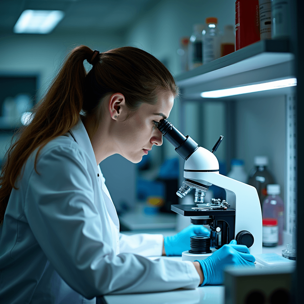 A scientist in a laboratory carefully examining samples through a microscope.