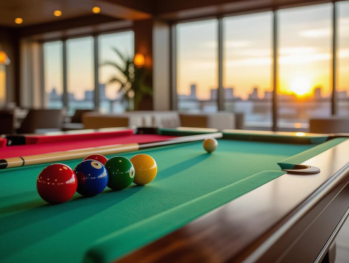 Glossy pool table with red felt surface. Colorful billiard balls arranged neatly. Two cue sticks placed close. Camera tightly focuses on balls and table edge. Softly blurred background of luxurious game room. Floor-to-ceiling windows show city skyline at sunset. Cozy warm ambient lighting creates a high-end atmosphere.