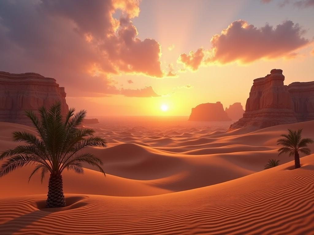 A breathtaking view of a desert at sunset. The scene features rolling sand dunes with a warm golden hue. Palm trees are positioned in the foreground, adding to the tropical feel. The sun is setting in the background, casting beautiful orange and yellow colors across the sky. Wispy clouds reflect the sunset hues, creating a serene atmosphere. This landscape captures the vastness and beauty of nature in a tranquil setting.