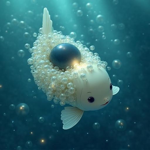 Cute and beautiful anime-style fish with humanoid features rises above water. Scene viewed from above. Fish body visible from top. Head and tail out of water. Hundreds of glowing bubble-like eggs on its back. Bubbles contain tiny glowing spirits. Bubbles cluster around larger darker egg. Magical and serene atmosphere with soft light reflecting on water.