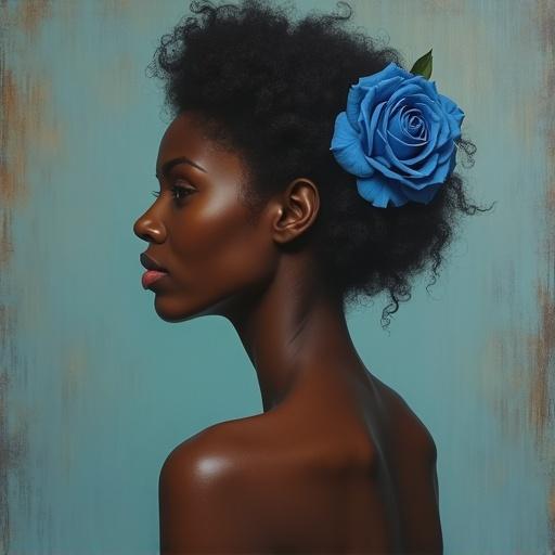 Painting of a full-body nude black woman with a blue rose in her hair. Side profile view. Soft background with warm tones. Focus on natural beauty and artistic expression.
