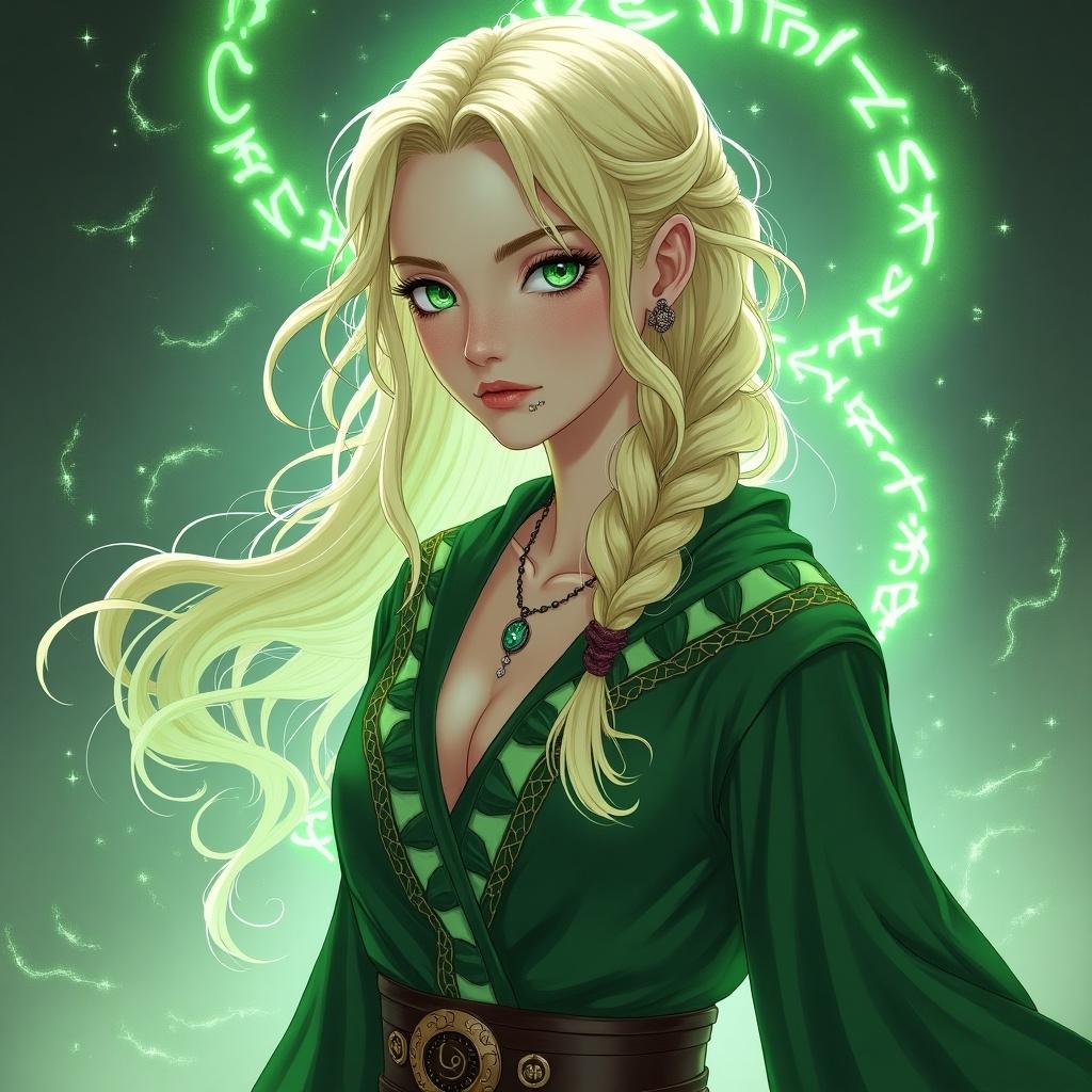 An Arcane character with light blonde hair tied in a loose braid over shoulder. Character has a thin scar on lips and light green piercing eyes.