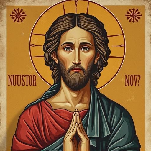 Vintage artwork with ancient classical style influenced by religious iconography. Earthy tones and flat colors are used with strong outlines showing historical traditions. Stylized figure emphasizes facial features and gestures to convey spirituality. Blending ancient aesthetics with contemporary interpretation. No bright colors. No contemporary elements are present.