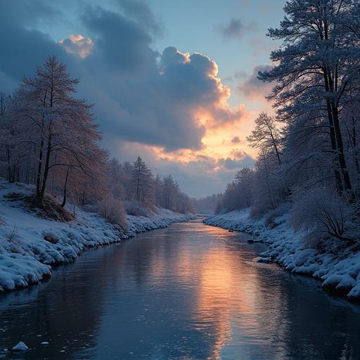 A serene winter landscape with a river reflecting a colorful sunset. Snow covers the banks and trees, creating a tranquil and peaceful atmosphere.