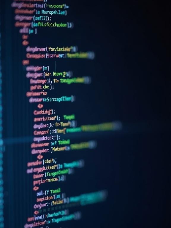 Close-up view of lines of Kotlin code on a computer screen. The code is displayed in vibrant colors against a dark background. The perspective captures the details of the code and environment.