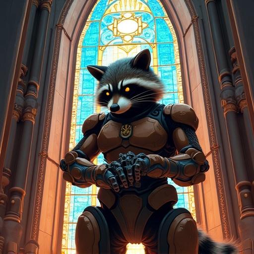 A muscular raccoon creates parts of a giant mech inside an industrial cathedral featuring circuit-like stained glass windows.