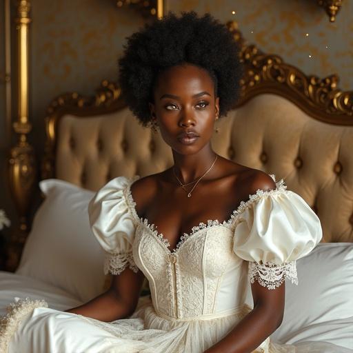 Afro goddess inspired by Yemọja with deep brown skin. She has glowing golden eyes. Wears classic maid outfit in white with lace and embroidery. Features elegant neckline and frills. Hairstyles incorporate Japanese elements with a neat bun. Set in opulent bedroom performing bed-making. Presence radiates maternal warmth and divine power. Background has magical particles flowing.