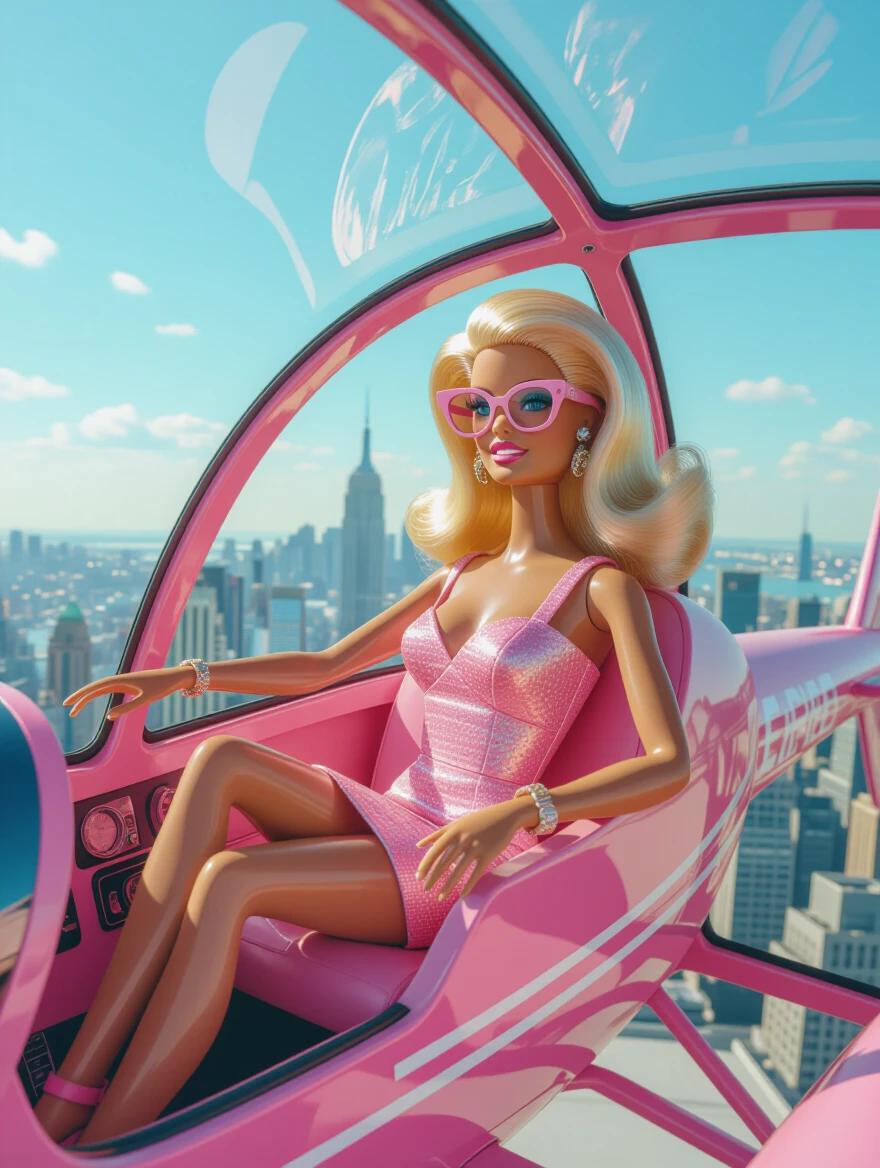 A glamorous Barbie woman sits in a pink helicopter. She has retro blonde hair and wears sunglasses. The helicopter has a pink design. The New York skyline is visible in the background. The scene reflects a sixties aesthetic with vivid pastel colors. The photo emulates a 35 mm fuji color film style.