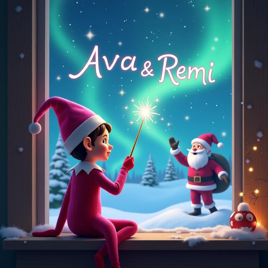 A magical scene featuring a pink elf on the shelf, sitting with his back turned towards the viewer. He holds a wand and is writing 'Ava & Remi' in sparkles within the sky. In the background, enchanting northern lights illuminate the night sky. A cheerful Santa Claus stands in the snowy landscape, adding to the festive ambiance. The overall atmosphere is warm and inviting, perfect for the holiday season.