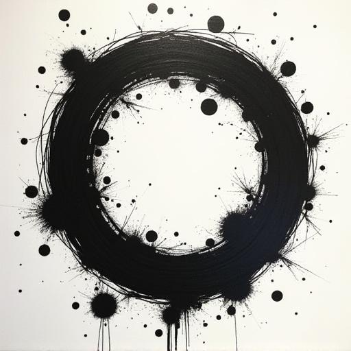 Abstract art using stencil technique depicting an orbit ring with splashes and dots. Black circular shape surrounded by smaller black dots.