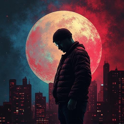Striking artwork on a street hip hop album cover featuring a silhouetted figure with a large red moon in the background. Text including 'Last Light - DJ Hoptronixx' present on the design.