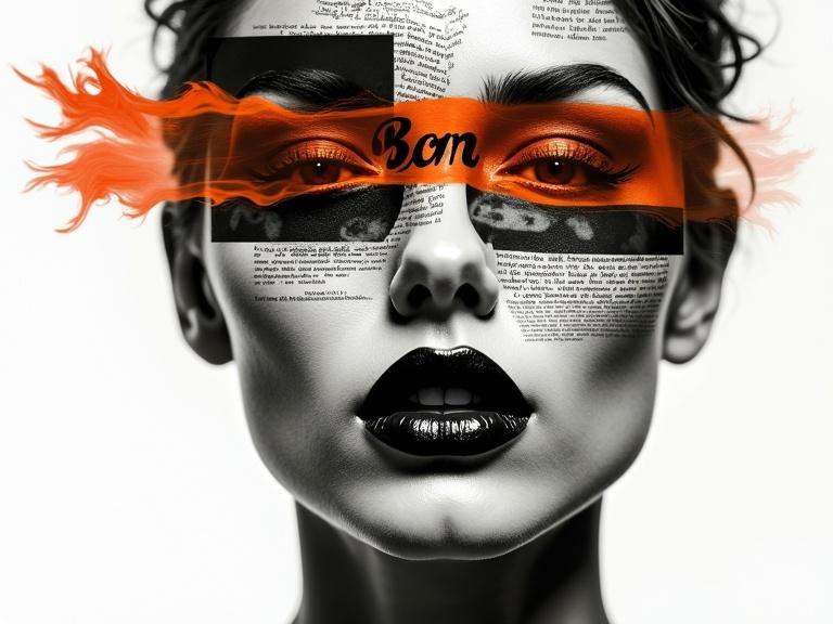 Abstract portrait of a woman's face. Collage technique using newspaper clippings and blacked-out sections. Obscured eyes, dark lipstick. Features the word Bon and other text fragments. Orange flame streak across the mouth. Stark white background contrasts with dark foreground.