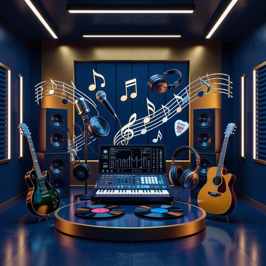 3D recording studio scene with metallic gold and electric blue colors. Floating musical elements include microphones, notes, headphones, records, mixing board, speakers, guitar picks. Neon lighting creates glossy reflections and shadows. Space for text overlay. Ultra-realistic render with cinematic lighting.