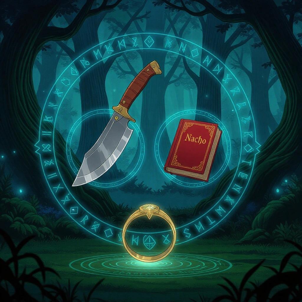 Magical interface above golden ring in a forest. Large Dominican machete and small red book titled 'Nacho' inside blue holographic frames. Glowing runes surround the interface. Soft blue light reflects on the floor. Ancient trees and mist in background. Anime manhwa style.