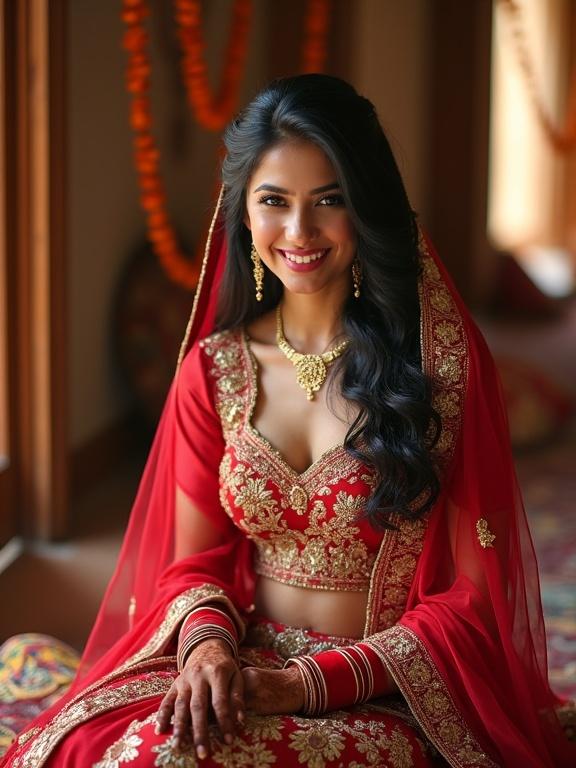 Photorealistic image of a bridesmaid wearing red and gold lehenga seated on a cushion. Deep brown eyes glow with warmth. Hair styled in dark waves. Venue decorated with marigold garlands. Vibrant atmosphere of pre-wedding celebrations. Bridesmaids in colorful sarees nearby. Mehendi artists apply henna with intricate designs.