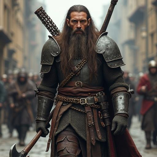 A focused wood-elf veteran turned bounty-hunter with long brown hair and a brown beard. He wears heavy armor made of chainmail and leather. He has a battleaxe at his left hip and a large crossbow on his back. Iron chains are wrapped around his right arm. His left hip has bulky manacles. Some facial scars are visible. He walks through a medieval city.