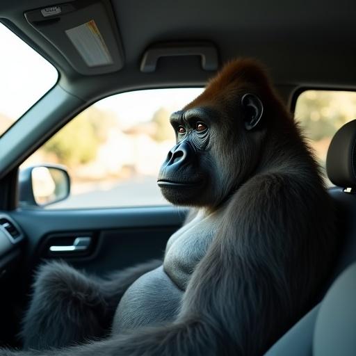 A gorilla is sitting comfortably in the passenger seat of a car. The setting is a bright day. Environment shows outdoor scenery through the car windows.