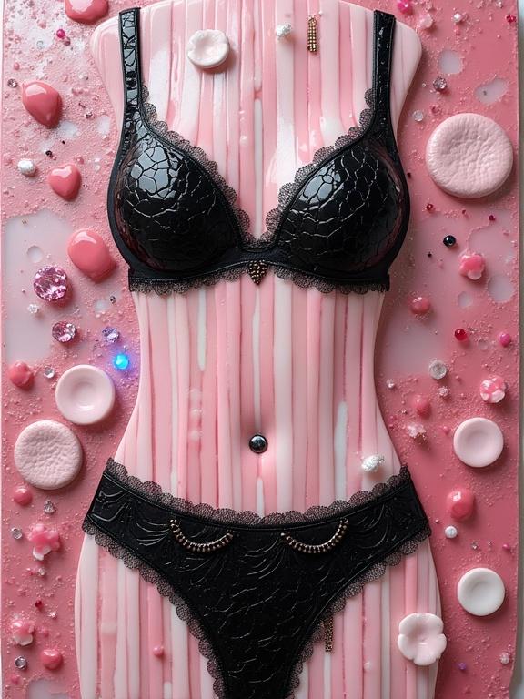 3D ceramic tile and glass mosaic with abstract design. Features pink and black lingerie displayed on a textured background. Created using encaustic mixed media techniques.
